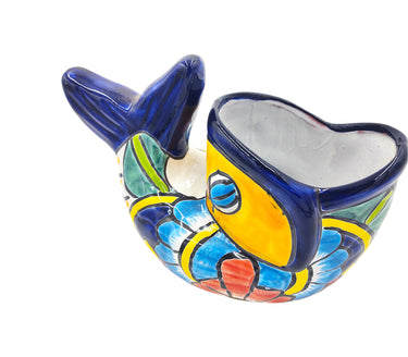 Mexican Talavera Bonsai Fish Planter Pot Hand Painted - Traditional Pescado Bonsai Maceta - Dark Blue Trim